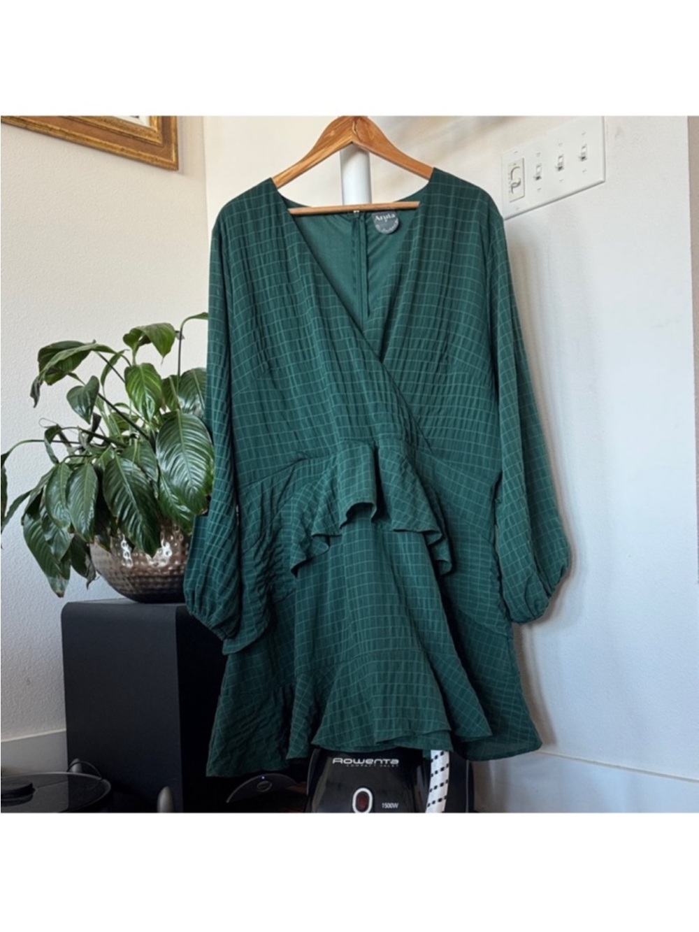 Arula Plus Chiffon Faux Wrap Mini Dress Sz 2X Green Ruffle Balloon Long Sleeve